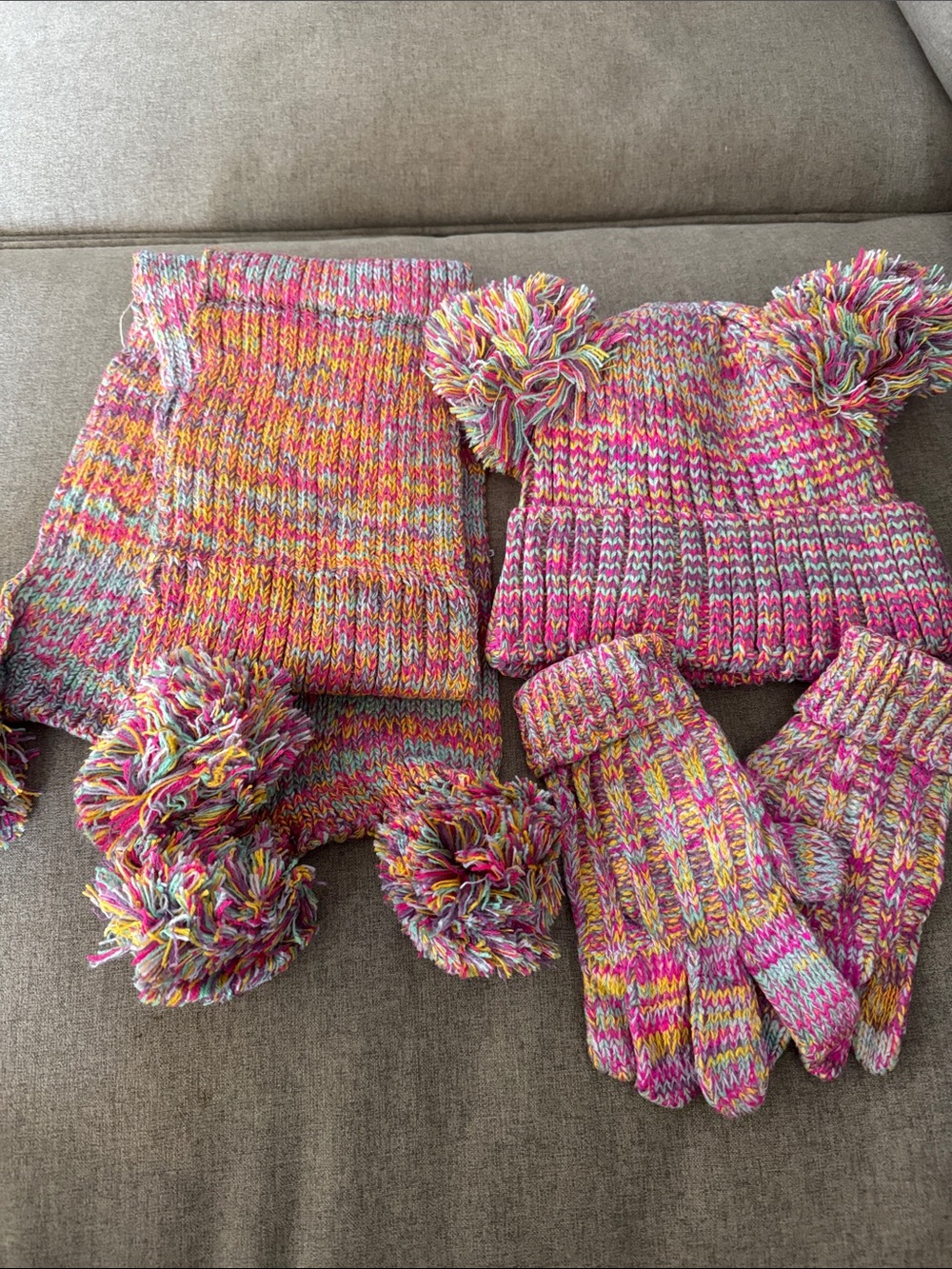 Kids Multicolor Knit Hat, Scarf & Glove Set - Pink
